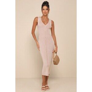 Lulus Positively Sophisticated Taupe Button-front Midi Sweater Dress Beige